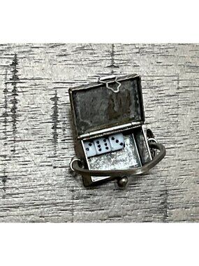 Vintage Miniature Box Mini Plastic Dice in Metal Hinged Box Pendant